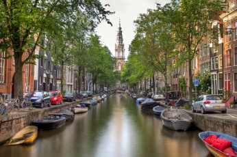 Картинка города амстердам+ нидерланды канал лодки