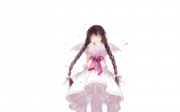 Картинка аниме ангелы +демоны платье косы девочка букет крылья