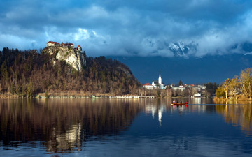 обоя города, блед , словения, остров, облака, озеро