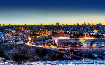 обоя города, иерусалим , израиль, панорама, вечер, огни