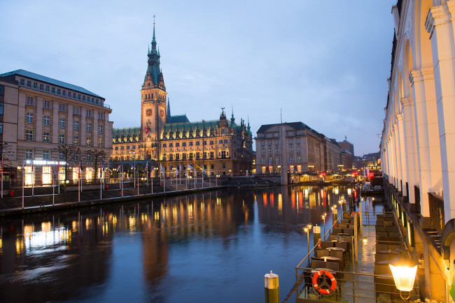 Обои картинки фото города, гамбург , германия, канал, вечер