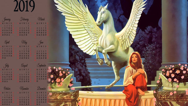 Обои картинки фото календари, фэнтези, девушка, пегас, крылья, конь