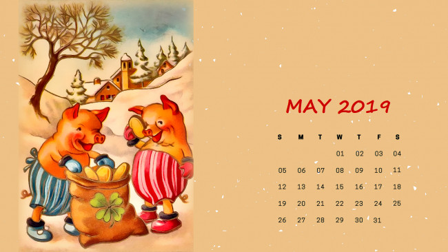 Обои картинки фото календари, рисованные,  векторная графика, монета, мешок, поросенок, дерево, дом, свинья