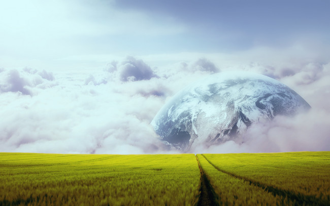 Обои картинки фото разное, компьютерный дизайн, след, планета, облака, небо, поле