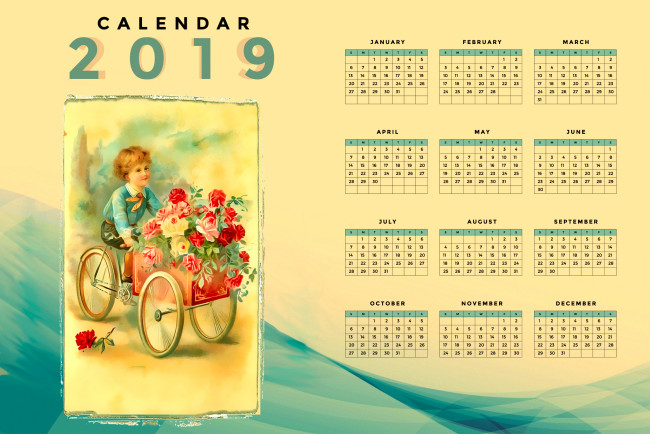 Обои картинки фото календари, рисованные,  векторная графика, ребенок, тележка, мальчик, цветы