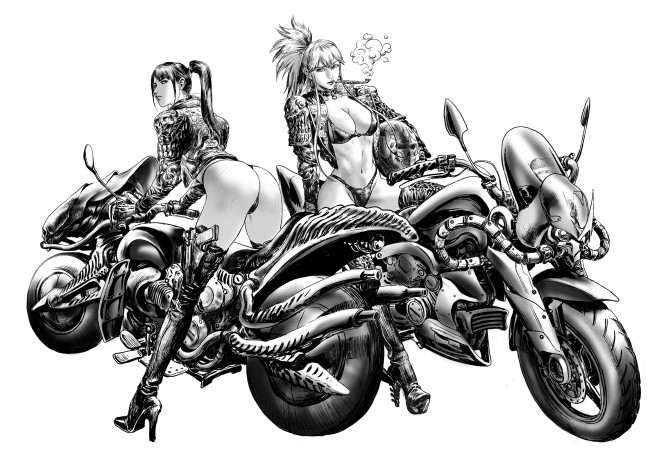 Обои картинки фото аниме, оружие,  техника,  технологии, униформа, девушки, скетч, мотоцикл, взгляд, фон