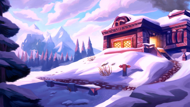 Обои картинки фото видео игры, world of warcraft, дом, снег, тропинка, зима, горы, лес, облака