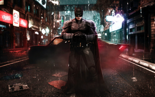 Обои картинки фото кино фильмы, the batman, бэтмен, машина, город, дождь