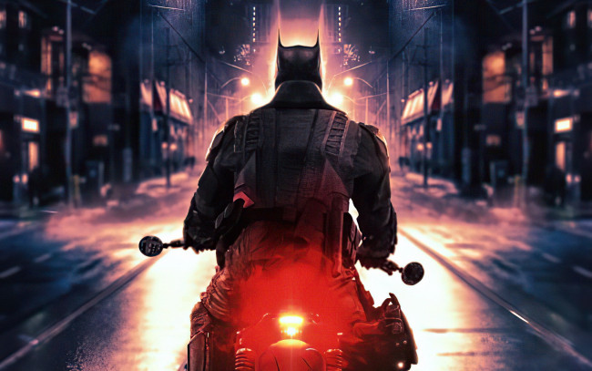 Обои картинки фото кино фильмы, the batman, бэтмен, мотоцикл, город