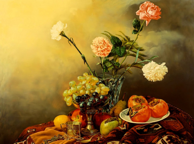 Обои картинки фото рисованное, алексей антонов, натюрморт, цветы, ваза, виноград, фрукты