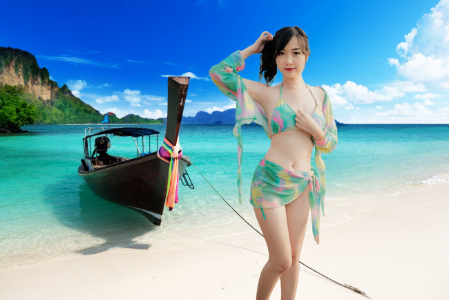 Обои картинки фото девушки, - азиатки, лодка, море, азиатка, бикини