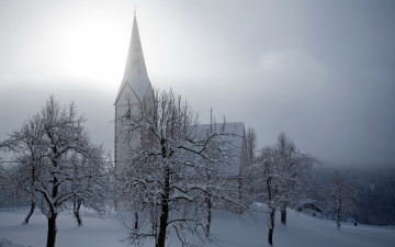 Картинка города католические соборы костелы аббатства храм зима деревья туман