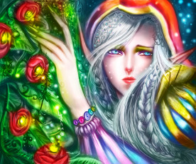 Картинка фэнтези эльфы цветы косы капюшон эльфийка девушка