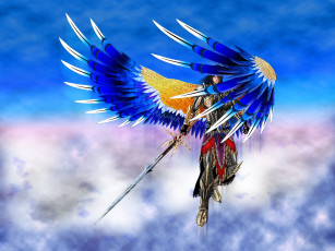 обоя фэнтези, ангелы, ангел, крылья, перья, взгляд, доспехи, меч, оружие, небо, облака