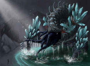 Картинка фэнтези существа монстр берег море щупальца существо