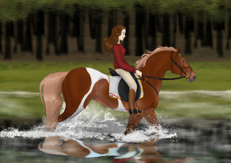 обоя рисованные, животные,  лошади, лошадь, девушка, река, лес
