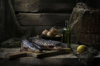 Картинка еда натюрморт масло лимон лук рыба