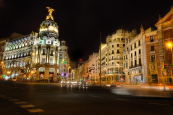 обоя города, мадрид , испания, madrid, spain, мадрид, ночь, улица, дома, огни, перекресток