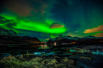 обоя норвегия лофотенские острова, природа, северное сияние, норвегия, лофотенские, острова, зима, ночь, северное, сияние