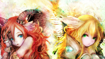 Картинка аниме -angels+&+demons девушки отражение рога крылья демон ангел