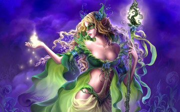 Картинка фэнтези эльфы эльфийка девушка посох цветы маска