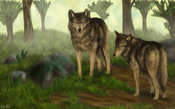 обоя рисованные, животные,  волки, лес, волки