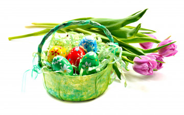 Картинка праздничные пасха тюльпаны яйца цветы корзинка розовые