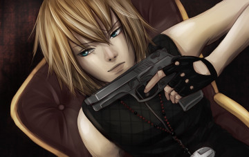 Картинка аниме death+note тетрадь смерти пистолет парень блондин бусы жилетка подушка
