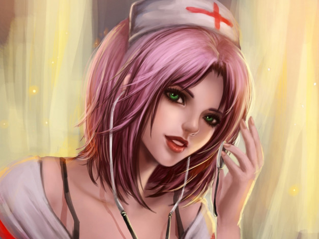 Обои картинки фото аниме, naruto, арт, медсестра, улыбка, взгляд, розовые, волосы, зелёные, глаза, сакура, девушка