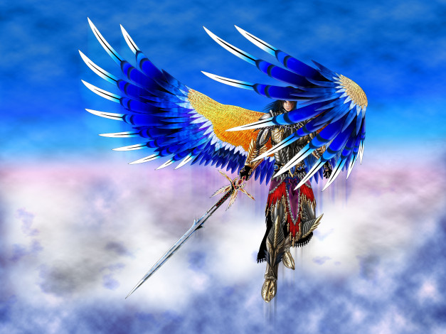 Обои картинки фото фэнтези, ангелы, ангел, крылья, перья, взгляд, доспехи, меч, оружие, небо, облака