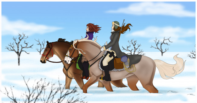 Обои картинки фото рисованные, животные,  лошади, лошади, снег, всадники