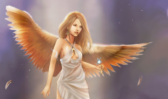 Обои картинки фото фэнтези, ангелы, девушка, ангел, взгляд, волосы, крылья, платье, фон