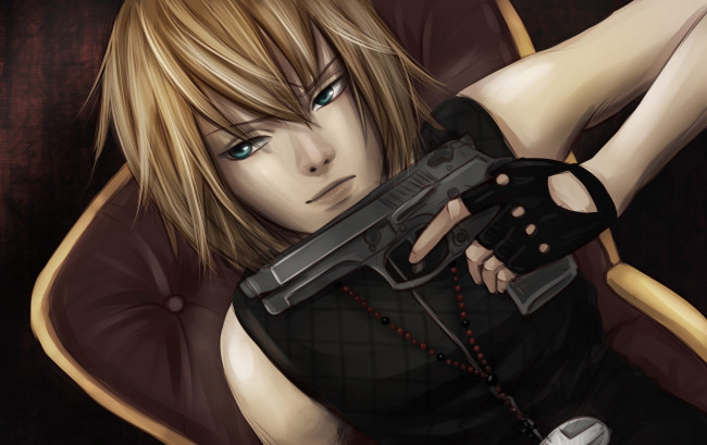 Обои картинки фото аниме, death note, тетрадь, смерти, пистолет, парень, блондин, бусы, жилетка, подушка