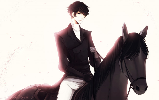 Обои картинки фото аниме, *unknown , другое, белый, фон, аристократ, лошадь, брюнет, парень, наездник