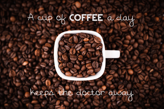 Обои картинки фото еда, кофе,  кофейные зёрна, зерна, чашка, надпись