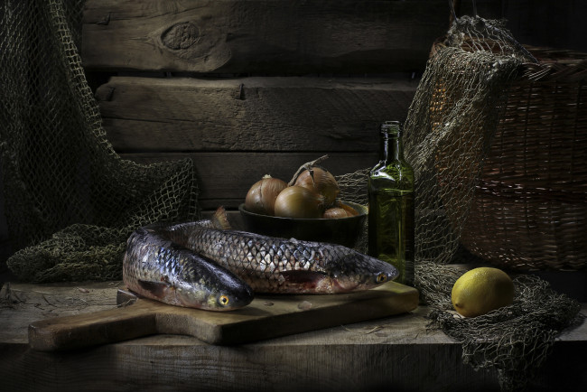 Обои картинки фото еда, натюрморт, масло, лимон, лук, рыба