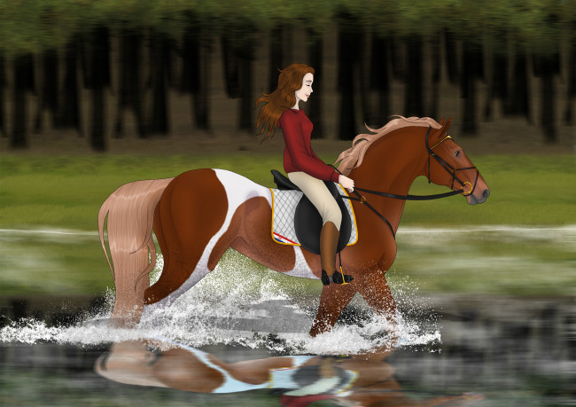 Обои картинки фото рисованные, животные,  лошади, лошадь, девушка, река, лес