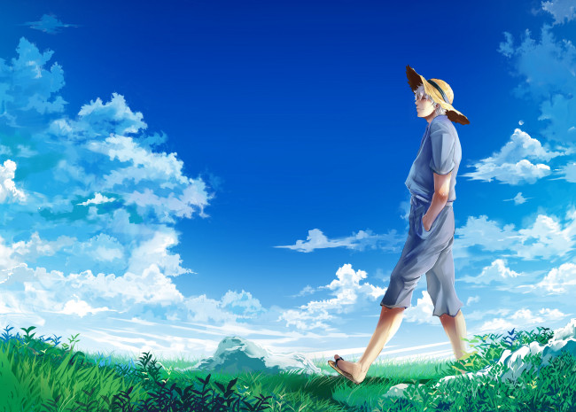 Обои картинки фото аниме, gintama, равнина, поле, трава, прогулка, синева, облака, шляпа, небо, парень