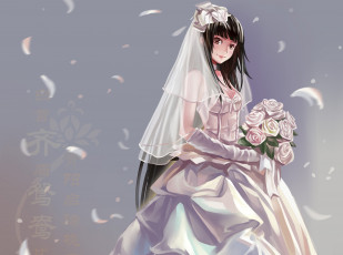 Картинка аниме unknown +другое свадебное платье улыбка девушка xiamianliele art лепестки букет