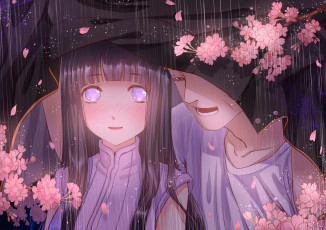 Картинка аниме naruto парень девушка цветы hyuuga hinata сакура дождь uzumaki haneru арт наруто