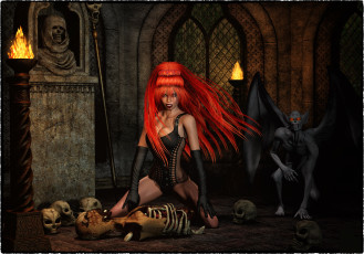 Картинка 3д+графика существа+ creatures факелы демон скелет черепа вампир рыжая фон взгляд девушка
