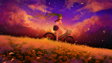 Картинка аниме vocaloid девушка арт велосипед hatsune miku поле закат