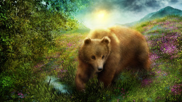 обоя рисованное, животные,  медведи, медведь, природа, трава, мишка