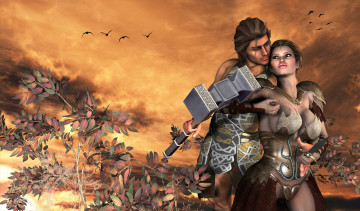Картинка 3д+графика амазонки+ amazon птицы оружие мужчина фон закат ветки взгляд девушка