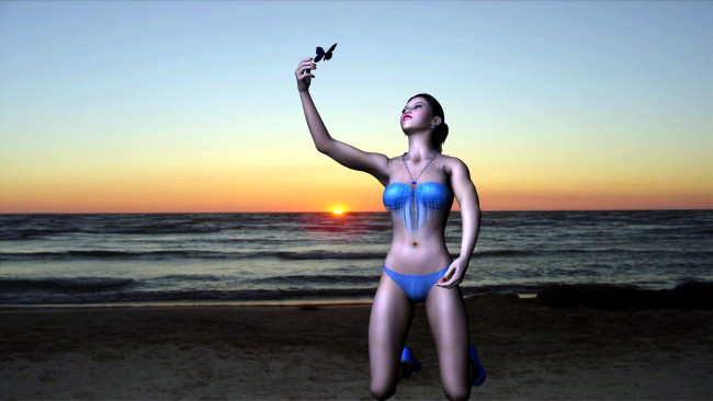 Обои картинки фото 3д графика, люди , people, закат, море, пляж, бабочка, фон, взгляд, девушка