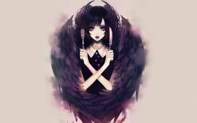 Обои картинки фото аниме, ангелы,  демоны, нож, вилка, рога, крылья, демон, девушка