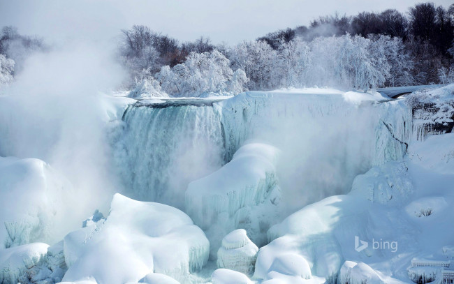 Обои картинки фото природа, водопады, американский, водопад, река, ниагара, онтарио, канада, снег, лед, деревья