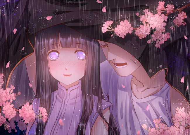 Обои картинки фото аниме, naruto, парень, девушка, цветы, hyuuga, hinata, сакура, дождь, uzumaki, haneru, арт, наруто