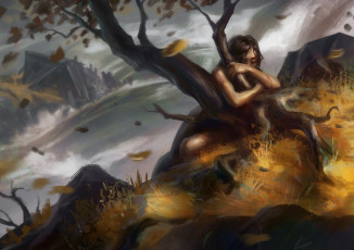 Картинка рисованное люди пропасть брызги вода листья дерево держится девушка