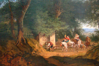 Картинка рисованное живопись деревья источник близ ариччи адриан людвиг рихтер паломники люди жанровая пейзаж картина